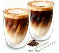 SILRIVES Lot de 2 verres à latte macchiato à double paroi - 350 ml - Avec 2 cuillères - Verres isothermes à double paroi en verre borosilicate - Verres à café, cappuccino, café glacé, thé, expresso