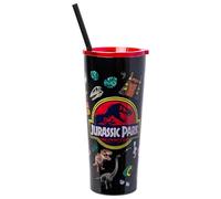 Silver Buffalo Jurassic Park Gobelet à double paroi en acier inoxydable avec paille Motif logo et icônes 650 ml