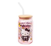 Silver Buffalo Sanrio Gobelet en verre avec couvercle en bambou et paille en verre Motif squelette effrayant Rose lavande 473 ml
