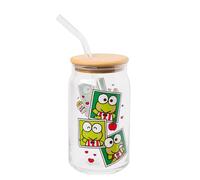 Silver Buffalo Sanrio Keroppi Polaroids Hello Kitty and Friends Bocal en verre avec couvercle en bambou et paille en verre, 473 ml