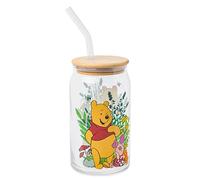 Silver Buffalo Winnie l'ourson Gobelet en verre avec couvercle en bambou et paille en verre Motif floral et champignons 473 ml