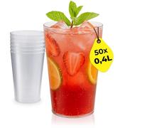 Silverkitchen Lot de 50 gobelets en plastique réutilisables de 0,4 l, empilables, lavables au lave-vaisselle, avec trait de repère, sans BPA, à paroi fine et robuste, fabriqués en Allemagne