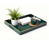 Simmer Stone Plateau décoratif rectangulaire en plastique avec poignées, coiffeuse moderne et de service pour ottoman, table basse, cuisine et salle de bain, 39,6 x 25,9 x 3,8 cm (bordure dorée, vert