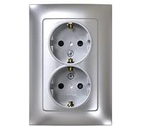 SIMON Double prise Schuko Simon 10, 250 V, 10 A, prise murale plate et fine, facile à installer, avec cadre, couvercle et mécanisme inclus, base féminine, couleur aluminium