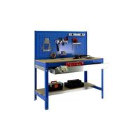 Simon Rack Etabli d’Atelier, Capacité de Charge 600 kg, 1445x1210x610 mm, Panneau Perforé, Étagère Tiroir de Rangement, Table de Travail Bricolage, Bleu/Bois - BT2