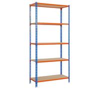 Simon Rack Étagère métallique 1800x900x500 mm - Maderclick | 5 hauteurs, Plateau bois, Point de flexion 150 kg, Peinture anticorrosion, Montage système clic, Bleu/Orange