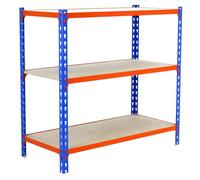 Simon Rack Étagère métallique 900x1000x400 mm - Maderclick | 3 hauteurs, Plateau bois, Point de flexion 150 kg, Peinture anticorrosion, Montage système clic, Bleu/Orange