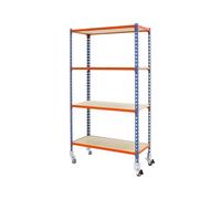 Simon Rack Étagère métallique avec roulettes 1575x800x500 mm - Maderclick | 4 hauteurs, Plateau bois, Point de flexion 75 kg, Peinture anticorrosion, Montage système clic, Bleu/Orange
