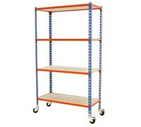 Simon Rack Étagère Rangement en Route à 4 Niveaux en Boix, 75 kg Capacité de Charge et Point de Flexion, 1575x1000x300 mm, Étagère Charge Lourde, Étagère Garage, Bleu/Orange/Bois - Maderclick