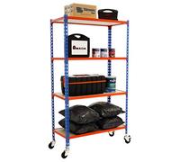 Simon Rack Étagère Rangement en Route à 4 Niveaux en Boix, 75 kg Capacité de Charge et Point de Flexion, 1575x1100x500 mm, Étagère Charge Lourde, Étagère Garage, Bleu/Orange/Bois - Maderclick