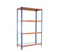 Simon Rack Étagère Rangement et 4 Niveaux, 180 kg Capacité de Charge et Point de Flexion, 1500x1000x300 mm, Étagère Charge Lourde, Étagère Garage, Bleu/Orange/Galvanisé - Simonclick