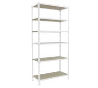 Simon Rack Étagère Rangement et 6 Niveaux en Boix, 200 kg Capacité de Charge et Point de Flexion, 2500x1200x300 mm, Étagère Charge Lourde, Étagère Garage, Blanc/Bois - Maderclick