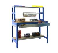 Simonrack Banc de travail BT4 avec tiroir Simonwork bleu/bois 1445 x 910 x 760 mm - Banc d'emballage - Table logistique 400 kg de capacité par étagère