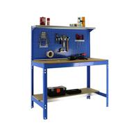 SimonRack Etabli d’Atelier, Capacité de Charge 400 kg, 1445x910x610 mm, Panneau Perforé avec 1 Étagère, Table de Travail Bricolage, Bleu/Bois - BT3