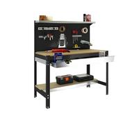 SimonRack Etabli d’Atelier, Capacité de Charge 600 kg, 1445x1210x610 mm, Panneau Perforé avec 1 Étagère, Étagère Tiroir de Rangement, Table de Travail Bricolage, Anthracite/Bois - BT3