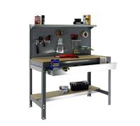 SimonRack Etabli d’Atelier, Capacité de Charge 600 kg, 1445x1210x610 mm, Panneau Perforé avec 1 Étagère, Étagère Tiroir de Rangement, Table de Travail Bricolage, Gris/Bois - BT3