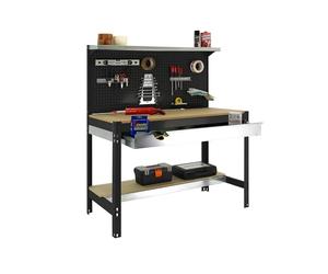 SimonRack Etabli d’Atelier, Capacité de Charge 600 kg, 1445x1510x610 mm, Panneau Perforé avec 1 Étagère, Étagère Tiroir de Rangement, Table de Travail Bricolage, Anthracite/Bois - BT3