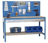 Simon Rack Etabli d’Atelier, Capacité de Charge 600 kg, 1445x1210x610 mm, Panneau Perforé, Étagère Tiroir de Rangement, Table de Travail Bricolage, Bleu/Bois - BT2
