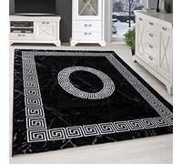 SIMPEX Tapis 200x290 cm Noir Poils Courts Motif Bordure Méandre Moderne pour Salon Chambre Cuisine Couloir Salle à Manger Doux