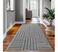 SIMPEX Tapis Coureur 80x150 cm Gris à Poils Longs Design Scandi Boho à Carreaux Effet Relief Shaggy Doux Moelleux Robuste Facile à Nettoyer Moderne pour Chambre, Couloir