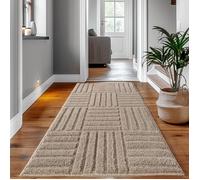 SIMPEX Tapis Coureur 80x250 cm Beige à Poils Longs Design Scandi Boho à Carreaux Effet Relief Moderne pour Chambre, Couloir