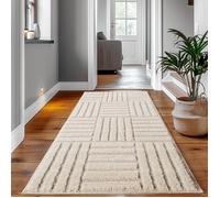 SIMPEX Tapis Coureur 80x250 cm Crème à Poils Longs Design Scandi Boho à Carreaux Effet Relief Moderne pour Chambre, Couloir