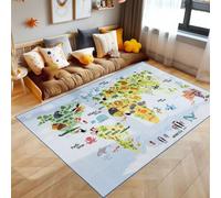 SIMPEX Tapis Enfant Bleu 100x150 cm Carte du Monde avec Animaux Design Moderne Antidérapant Lavable Doux Antiallergique Chambre