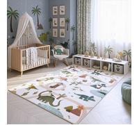 SIMPEX Tapis Enfant Dinosaures Tapis de Jeu pour Chambre d Enfant en Crème Motif Dino avec Routes Taille 140x200 cm pour Grandes Surfaces de Jeu