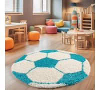 SIMPEX Tapis Enfant Rond 120 cm Bleu Blanc avec Motif Football, Toucher Confortable, Base antiglisse fiable, Entretien Simple, Parfait pour Chambre Moderne et Zone de Jeu