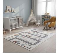 SIMPEX Tapis Enfant Route Tapis de Jeu pour Chambre d Enfant en Crème avec Motif Véhicules et Nature taille 120x170 cm