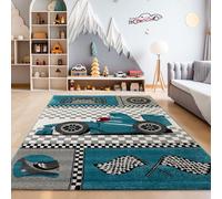 SIMPEX Tapis Enfant Voiture de Course Bleu 80x150 cm Tapis Couloir Doux hypoallergénique pour Chambre garçon avec Motif Racing ludique et éducatif