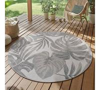 SIMPEX Tapis Extérieur Rond 120 cm Gris, Résistant aux Intempéries et UV, Tapis Balcon Terrasse Jardin Intérieur Extérieur, Motif Feuilles de Palmier Facile à Nettoyer Robuste