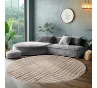 SIMPEX Tapis Rond 120 cm Beige à Poils Longs Design Scandi Boho à Carreaux Effet Relief Shaggy Doux Moelleux Robuste Facile à Nettoyer Moderne pour Table d'Appoint