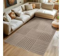 SIMPEX Tapis Salon 200x290 cm Beige à Poils Longs Design Scandi Boho à Carreaux Effet Relief Shaggy Doux Moelleux Robuste Facile à Nettoyer Moderne pour Salle à Manger