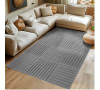 SIMPEX Tapis Salon 280x370 cm Gris à Poils Longs Design Scandi Boho à Carreaux Effet Relief Moderne pour Chambre à Coucher