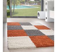 SIMPEX Tapis Shaggy à Poils Longs Carreaux 160x230 cm Orange, Doux et Moelleux, Motif à Carreaux Moderne, rectangulaire, Parfait pour Salon, Accessoire déco élégant