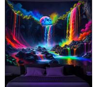 Simpkeely Tapisserie Cascade Fantastique et Planète à Lumière Noire, Tenture Murale Naturelle Réactive aux UV, Paysage Néon avec Montagnes et Vagues - 130 x 150 cm