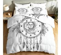 Simple Couette 140 x 200 cm, 4 Saisons Attrape-Rêves Soleil Lune Plume Imprimée Couette, Légère Microfibre Douce Édredon Réversible sans Housse Parure de lit 2 Personnes, Blanc