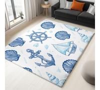 Simple Tapis de Salon, Blanc Antidérapant Lavable en Machine Tapis Flanelle Douce, Moquette Motif Marine Coquillages pour Chambre Bureau Cuisine Decoration, 120x170 cm