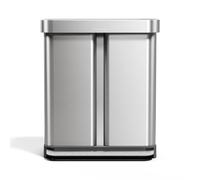 simplehuman CW2209 poubelle de recyclage rectangulaire, poubelle de cuisine, tri selectif 2 bacs, double compartiments, acier inoxydable brossé avec couvercle en plastique gris, 58 litres (34/24)