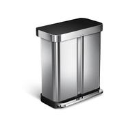 simplehuman Poubelle de cuisine rectangulaire à pédale de recyclage double avec poche de doublure, couvercle silencieux et large, pédale robuste et anti-bosses, 58 L (34/24) - Acier inoxydable brossé