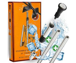 SIMPLEX DOMO Set de Bâtons Réfrigérants pour Vin - Verseur en Acier Inoxydable & 2 Refroidisseurs, incluant Extension & Bouchon, Élégante Boîte Cadeau - Pour une Dégustation Prolongée