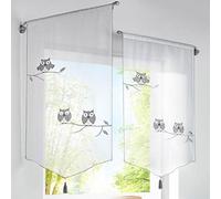 SIMPVALE 1 Pièce Rideau Décoration de Fenêtre Voilage Bise Rideau Pompon pr Café Cuisine Broderie Gris Hibou, Polyester, 40x90cm