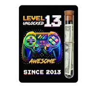 Simsky Cadeau d'argent pour 13e anniversaire garçon en bois Gamer Level 13 Unlocked - Awesome Since 2013 Carte en bois avec tube à essai, cadeaux pour garçons de 13 ans, cadeau pour garçon de 13 ans