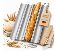 Sinaley Moule à baguette antiadhésif avec coton - Chiffon de cuisson et couteau à pâte, 4 cavités - Plaque de cuisson en acier au carbone - Forme perforée - Idéal comme moule à pain pour ciabatta et