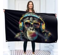 Singe avec des écouteurs Drapeau - Grand Drapeau Drôle - Impression recto verso - Polyester 110D - Double Couture - 2 Oeillets en Laiton - Grand 90x150cm (5x3ft)