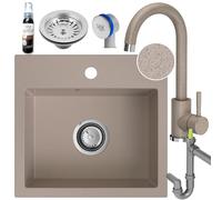 SINK Quality Évier beige avec robinetterie 45 × 42 cm - Evier avec robinet, siphon et imprégnation - Kit complet encastrable en granit - lavabo de cuisine pour meuble bas à partir de 45 cm