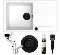 SINK QUALITY Évier cuisine blanc avec égouttoir 78 x 46 cm - Evier blanc 1 bac avec siphon crépine noir et agent d'imprégnation, encastrable pour meuble bas de 60 cm, lavabo granit