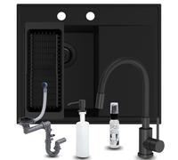 SINK QUALITY Évier de cuisine complet avec robinet, 60 x 50 cm, noir, égouttoir, robinet de cuisine, distributeur de savon, tamis, siphon - Évier encastrable à gauche pour meuble bas de 40 cm
