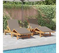 Sinkzol Chaise longue de jardin 3 pièces Taupe 2 x 200 x 67 x 84 cm en bois d'acacia massif avec dossier réglable, repose-pieds, table, idéal pour terrasse, balcon, piscine et relaxation en plein air